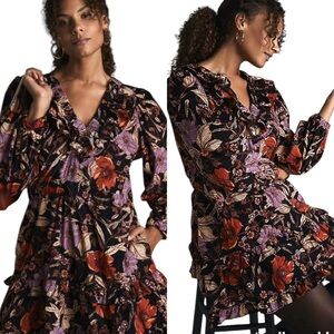 Anthropologie Pilcro Ruffle Purple Orange Flower Tiered Corduroy Dress XS